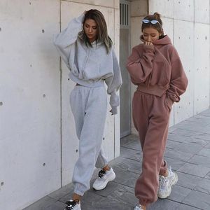 Kadın Hoodies Kadınları Takip 2 Parça Set Uzun Kollu Sweatshirt Takım Bayanlar Moda düz renkli üst spor Sosyal Slim Cep Pantolon