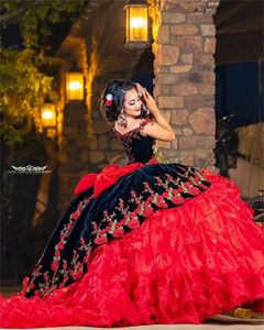 Mexico Black Veet Red Ruffels Quinceanera Off The Shoulder Embroidery Ball Gown Sweet 16 Dresses Vestidos