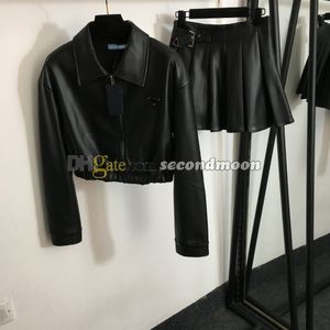 Women PU Leather Dress Street Style Short Jacket High Waist Pleated Skirt Long Sleeve Zipper Outerwear