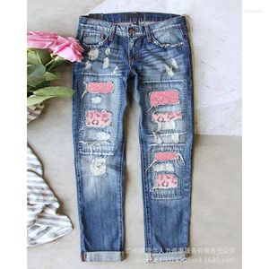 Women's Jeans Autumn 2023 Vintage Loose Washed Printed Ripped Casual Button Mid-Waist Denim Straight-Leg Pants