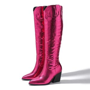 Western Cowgirl Women Knee-High Boots Fashion Zipper pekade Toe Chunky Low Square Heels Shoes Largas de Mujer 230922