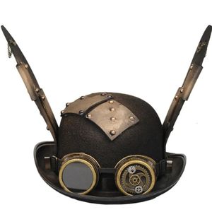 Party Hats Steampunk Men Hat With Goggles Vintage Jazz Hat Gay Top Hat Devil Horn Hat Steampunk Party Halloween Masquerade Costume 231007