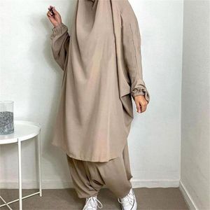 Etniska kläder muslimska kvinnor bönkläder solid färg khimar toppar med byxor 2 bit set vanlig abaya kvinnlig eid ramadan jilbab islam