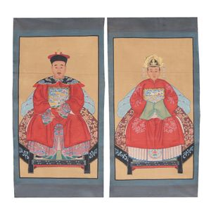 Hand Painted Ancestor Paintings on Canvas Fabric, Pair of Chinese Portrait Paintings, wall decoration