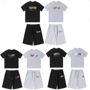 Мужские футболки, брендовый мужской спортивный костюм, футболка, шорты, комплекты из двух предметов, летние плюшевые вышивки Trapstar с коротким рукавом Sp318R