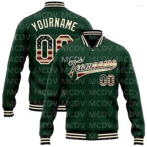 Men's Jackets Custom Green Vintage USA Flag -Black Bomber Full-Snap Varsity Letterman Jacket Baseball Button