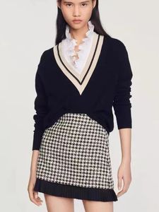 Suéteres femininos outono marca s estilo preppy preto com decote em v camisola pulôver mulheres moda senhoras manga longa solta malha jumper tops 231005