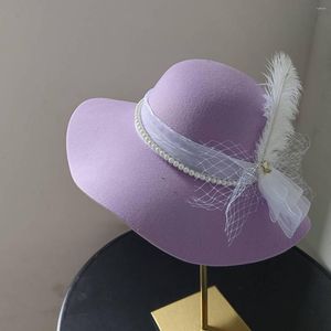 Berets 2023 Autumn/Winter French Vintage Big Eaves Hat Handmade DIY Bow Feather Elegant Women's Hats Design