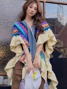 Scarves Colorful striped ruffled womens shawl autumn warm and elegant temperature windproof fashion comfortable version cape 231007