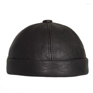 Berets Retro Real Leather Hat Chinese Style Sheepskin Cap Brimless Warm Round Male Caps Fashion Winter And Autumn Luxury Hats