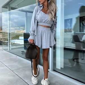 Women's T Shirts Spring Loose Women Shorts Suit Female Solid Coat Vest Pocket Outfits Casual Streetwear Sweatshirt Three-Piece Set