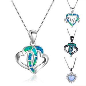 Anhänger Halsketten Niedliche weibliche kleine Unendlichkeit Herz Halskette Silber Farbe Hochzeit Boho Blue Opal für Frauen301R