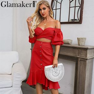 Glamaker off axelröd sjöjungfru sexig klänning elegant kort puffhylsa skörd midi sommarklänning sexig fest bandage lång klänning 2020 l237k