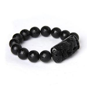 Hela Scrab Black Natural Obsidian Stone Armband Sex ord Buddha pärlor pixiu armband för män kvinnor mode välsigna smycken b283g