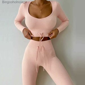 Active Set Women sömlös yogasträkt Långärmad snabbtorkande körning Fitness kostym Hög midja DString-byxor Höftlyftande sport Suitl231007