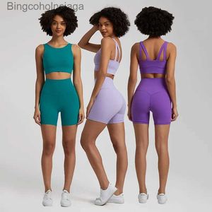 Active Sets 2 Piece Yoga Set Women Stretch Nylon Short Workout Set Crop Tank Bra+Biker Shorts Sports Suits Fitness Running Clothing Gym WearL231007