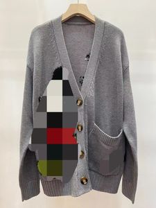 1005 2023 Autumn Runway Sweater Gray Long Sleeve V Neck Cardigan Button Flora Print Fashion Casual Women Clothes Qian