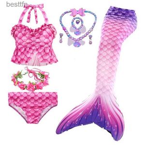 Theme Costume Haojxuanyu Children Mermaid Swimwear Girls Pink Blue Bikini Set Kids Swimsuit Cosplay Mermaid Tail Come for SwimmingL231008