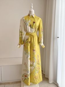 Женские брюки Желтый льняной комплект с принтом Блузка с длинными рукавами Высокая талия Широкие штанины