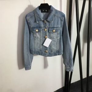 Womens Vintage lion button denim jackets Fashion Autumn wash blue Single button outwear women motorcycle pockets jacket woman clothes