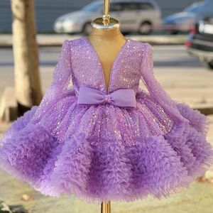 Cute Ball Gown Flower Girl Dresses For Wedding Long Sleeve 3D Flowers Girls Pageant Gowns Tutu Shiny Bling Sequined Big Bow Custom Made Kids Birthday Party