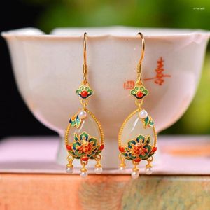 Dingle örhängen naturlig chalcedony vatten droppe emalj porslin för kvinnor inlagd pärltassel etnisk stil cheongsam accessoarer smycken