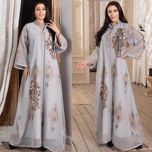Ethnic Clothing Mesh Sequins Embroidered Abaya Dress For Women 2023 Middle East Arab Oman Dubai Muslim Moroccan Caftan Party Clothes Eid