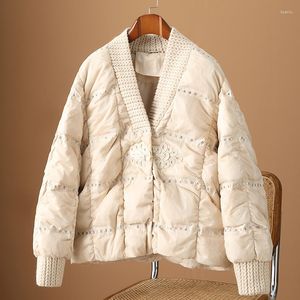 Women's Trench Coats European Style Embroidered Beige Bread Down Jacket For Winter 2023 Small Fragrant High-end Sequin