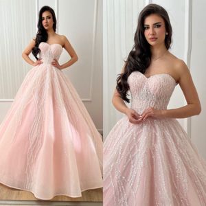 Elegant Pink Evening Dresses A Line Crystal Beaded Sweetheart Formal Party Prom Dress Ruffle Dresses for special occasion