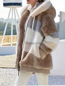 Damen Pelz Kunstpelz Damen Fuzzy Fleece Jacke Kapuze Reißverschluss Farbblock Weich Voll Lässig Kunstpelz Patchwork Langarm Oberbekleidung Mäntel mit TascheL231007