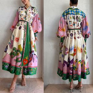 2023 Australian Designer Vintage French Court Style Pleated Oversized Print Long-Sleeved Loose Dress