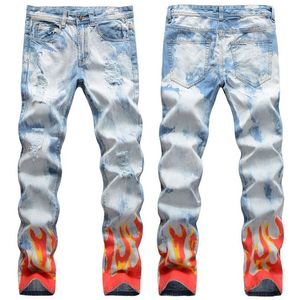 Мужские узкие рваные джинсы с 3D принтом, узкие прямые брюки с потертостями, мотоциклетные джинсовые брюки, эластичные байкерские брюки в стиле хип-хоп 302c