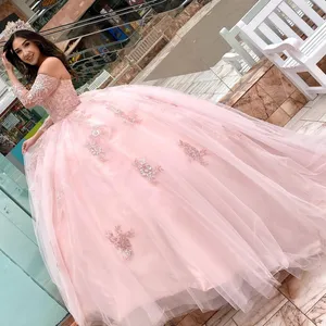 Розовые платья Quinceanera с открытыми плечами и 3D цветочной аппликацией на шнуровке, корсет Sweet 15, платье Quinceanera Teene