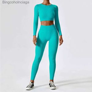 Aktiva uppsättningar Ribbed Yoga Set Women Workout Sportwear Gym Clothing Fitness Långärmad Crop Top High midje Leggings Sports Suits Tracksuitl231007