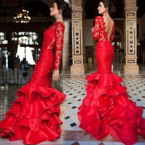 Evening Dresses Red Prom Party Gown Backless Formal Plus Size Mermaid Zipper Lace Up New Custom Long Sleeve Satin Bateau Lace