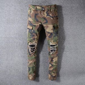 American Streetwear Fashion Men Jeans Camouflage Military Big Pocket Denim Cargo Pants Ripped Slim Fit Hip Hop Jean3089