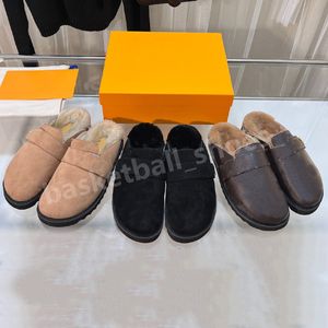 Inverno Homens Mulheres Aconchegante Conforto Flat Sandália Mules Sandálias De Couro Mule Sapatos Cashmere Lã Quente Chinelos De Pelúcia Slides Tamanho 34-45 Com Caixa