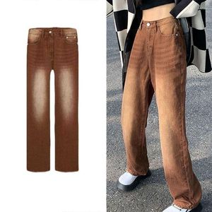 Jeans da donna Autunno Inverno Donna Vintage Marrone Sfumato Pantaloni larghi in denim a vita alta S-XXL