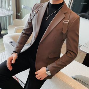 Men's Suits British Shoulder Strap Design Tuxedo Blazer Jackets For Men Clothing Business Formal Wear Two Buttons Slim Fit Casual Suit Coats