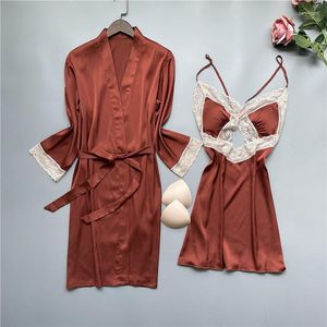 Kvinnors sömnkläder sommarbadrock Nightyrobe Nightgown Set Women Hollow-Out Nightdress Kimono Orange Satin Lace Home Clothing