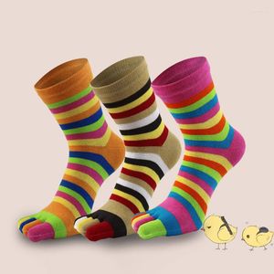Женские носки, модные красочные пять пальцев, осень-зима, полосатые носки с принтом и отдельными пальцами, хлопок, средняя трубка