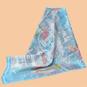 Scarves HuaJun 2 Store Water Blue Color Ex-Libris Atlantis 90 Silk Scarf Twill Printing Anti-wrinkle Handmade Stit289n