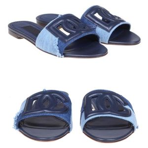 Kadınlar terlik sandal slayt katırları kesim logo-parch kolaj denim daire terlikleri açık ayak parmağı düz açık plaj lüks tasarımcı yama kot deri 35-43