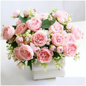 Decorative Flowers Wreaths 32Cm Rose Pink Silk Bouquet Peony Artificial 5 Big Heads 4 Small Bud Bride Home Decoration Fake Faux Drop D Dhiku