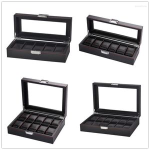 Watch Boxes 3/5/6/10/12 Slots Classic Carbon Fibre Box Black Display With Lock Men Or WomenWatches Organizer