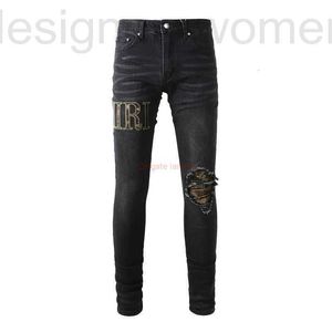 Mäns jeans designerkläder amires denim 872 high street mode varumärke amies svart kamouflage stor bokstav elastisk trasig trendig smal raka små fötter man