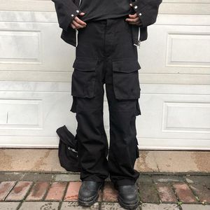Erkek pantolon yüksek bacak tulumu çoklu cepler büyük boy harajuku siyah unisex için gevşek pantolonlar sıradan sokak geniş erkek kargo düz