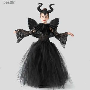 Disfraz temático Pluma negra Halloween viene para niñas Niños Bruja del diablo Vestido largo de tutú con cuernos Alas Niños Reina malvada Cosplay OutfitL231007