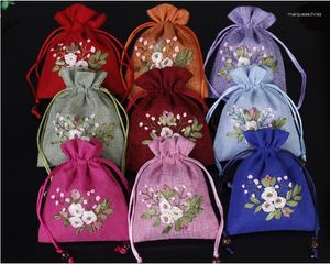 Jewelry Pouches Small Drawstring Linen Pouch Handmade Ribbon Embroidery Wedding Party Gift Bag Empty Sachet Cloth Packaging Bags 50pcs