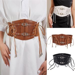 Bälten Kvinnor Tassels Slimming Midjeband LACE Elastic Wide Belt Metal Pin Buckle Justerbara Cummerbunds Pu Leather Corset Midjan